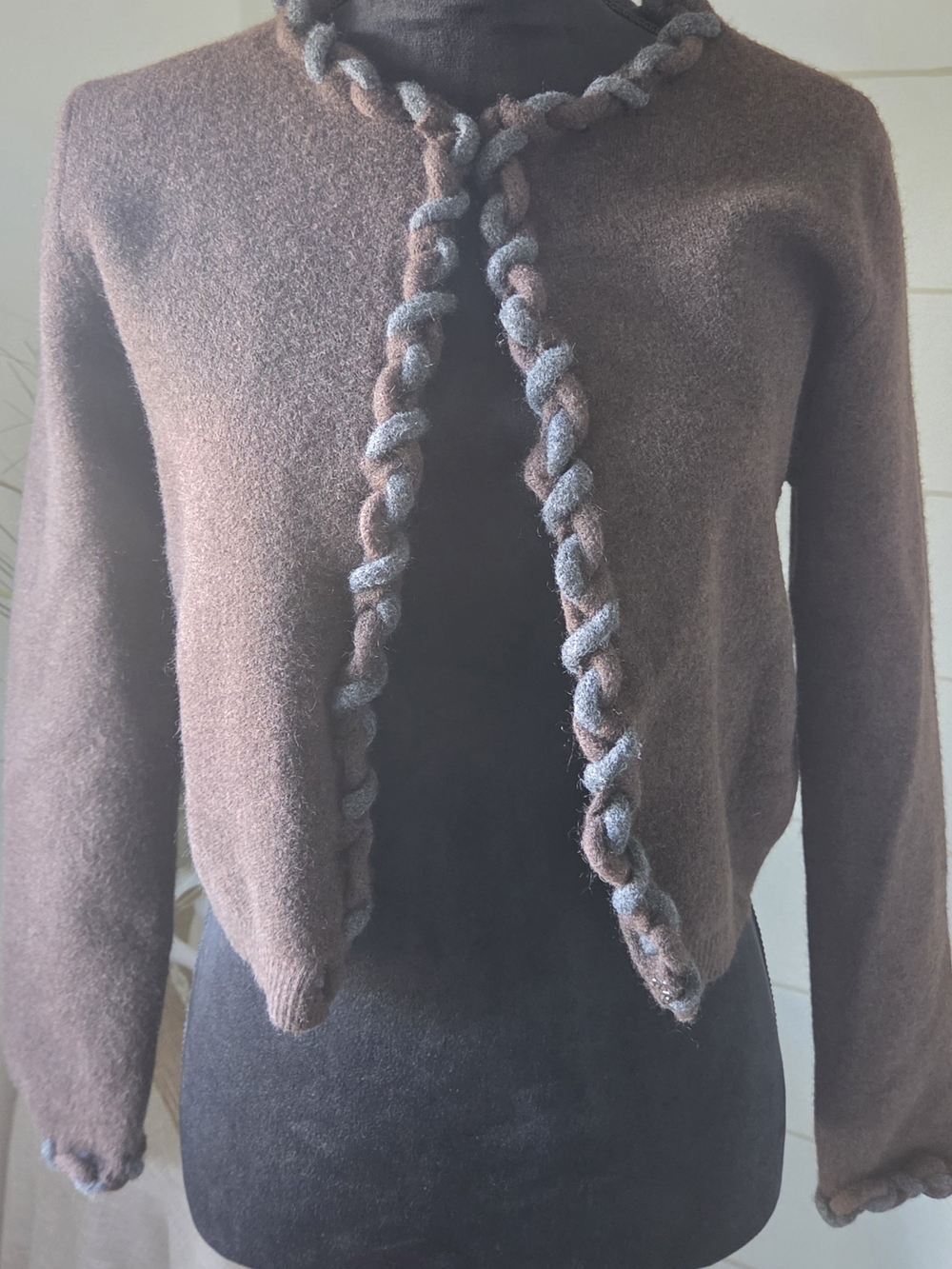 ZARA 2 Toned Brown Grey Braided Trim Knit Cardigan Open Front Sweater Small Coat